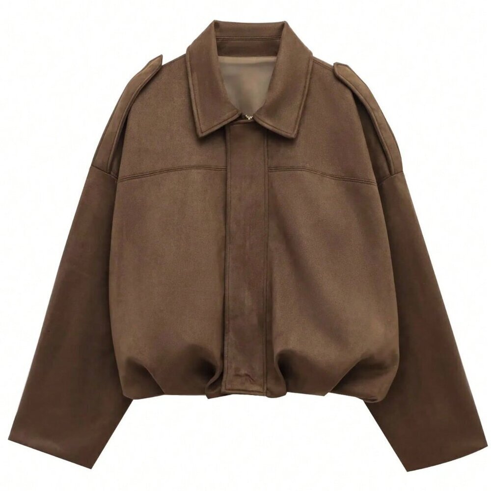 brown Casual Women's  Loose Long Sleeves Zip Jacket Bomber Coat Outerwear - Picture 5 of 6
